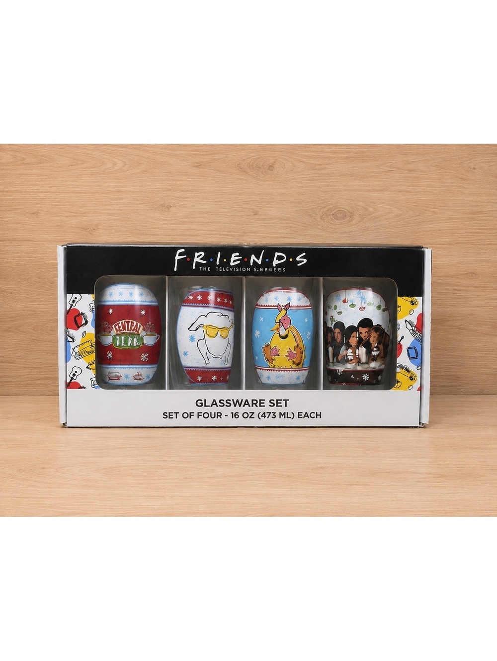 FRIENDS Holiday Glassware Set 4 x 16 oz Pint Glasses Silver Buffalo Christmas